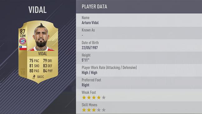 Carte arturo vidal dans fifa 18