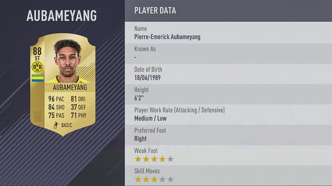 Carte aubameyang dans fifa 18