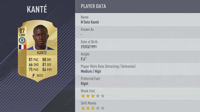 Carte n'golo kante dans fifa 18