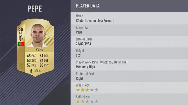 Carte pepe dans fifa 18