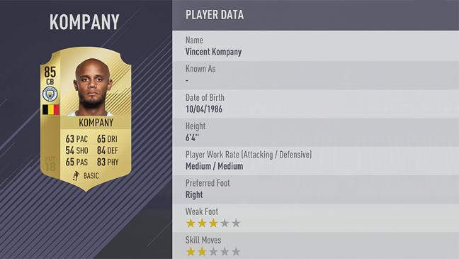 Carte Vincent Kompany  dans Fifa 18