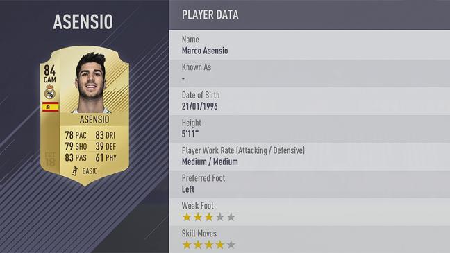Carte Marco Asensio dans Fifa 18