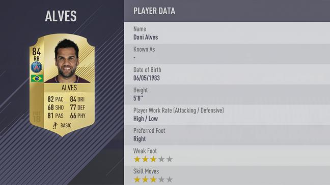 Carte Dani Alves dans Fifa 18