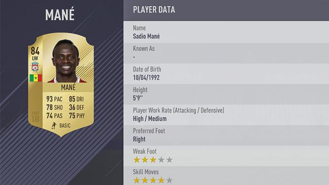 Carte Sadio Mané dans Fifa 18