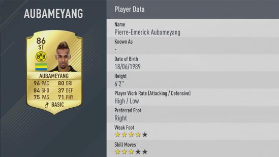 Carte Aubameyang dans Fifa 17